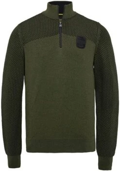 PME Legend Half Zip Trui Knitted Structuur Olijfgroen